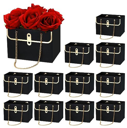 PATIKIL Flower Gift Box, 12 Pcs Paper Bouquet Flower Gift Bag with Handle Rectangle Metal Chain Tote for Florist Wedding Party Birthdays Day Bridal Shower, Black