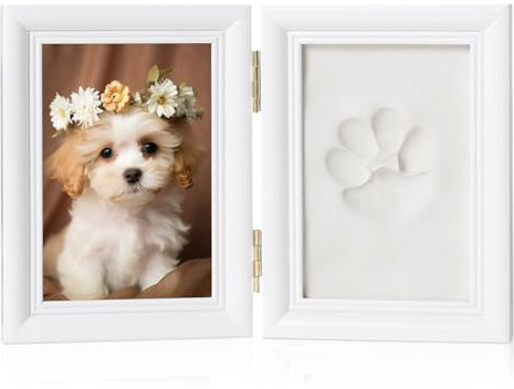 Sporgo Ensemble d'empreintes de pattes de chien et chat : cadre photo 3D avec photo et empreintes de pattes, ensemble avec support, cadre photo en bois pour chiens ou propriétaires de chats