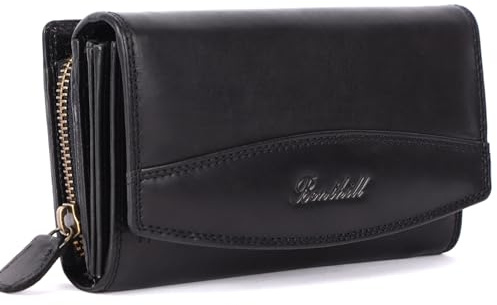 Benthill Damen Geldbörse Leder XXL - Großes Portemonnaie mit RFID Schutz - Echtleder Vintage Damenbörse inkl. Geschenkbox, Farbe:Schwarz