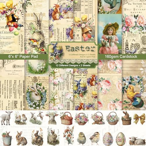 24 Blatt Ostermuster-Papier-Set, 15,2 x 15,2 cm, gemustertes Kartonpapier mit 40 Aufklebern, Scrapbooking-Zubehör, Papier, Kaninchen, Karotte, Osterei, Origami-Papier – 12 Stile
