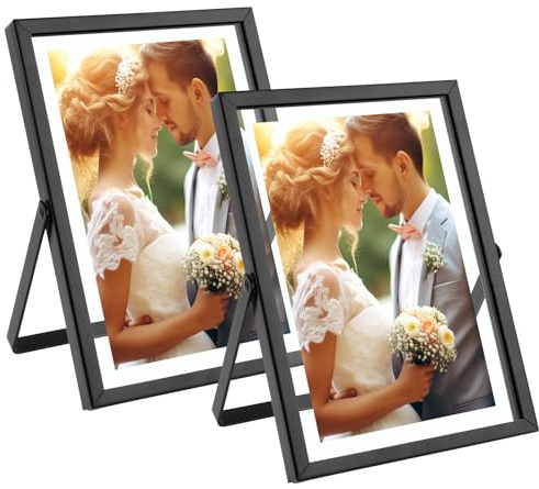 Golden State Art, 2 Pack, 5x7 Inch Metal Picture Frames, Floating Display for 4x6, 3x5 Photos, with Real Glass and Pull-Out Easel Stand for Tabletop Display (Vertical) - Matte Black