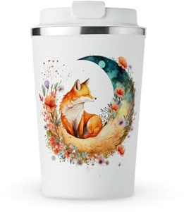MAXIKIWI - Insulated Double Walled, Leakproof Stainless Steel Mug, Coffee or Tea Travel Tumbler with Lid, Keep Drinks Hot and Cold - Cute Fox on The Moon - 350ml