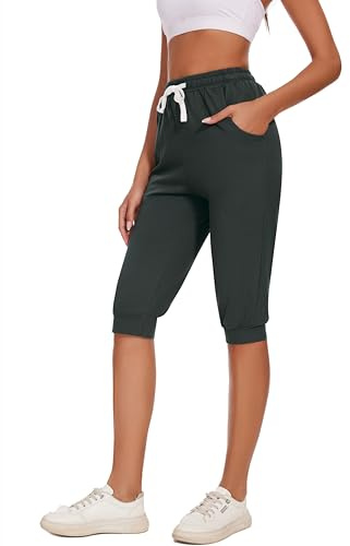 Ietaoo Pantaloni Tuta Donna 3/4 100% Cotone Pinocchietto Capri Estivi Leggeri Comodi Traspiranti Elastico con Tasche Fitness