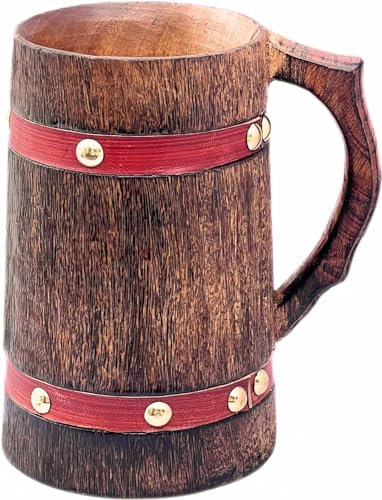 NAVIROCK Boccale in legno fatto a mano Tazza Bere Birra Caffè Tè Stein Rustico Arancione Cinturino in Pelle Bevande In Legno Decorazione Casa & Tavolo