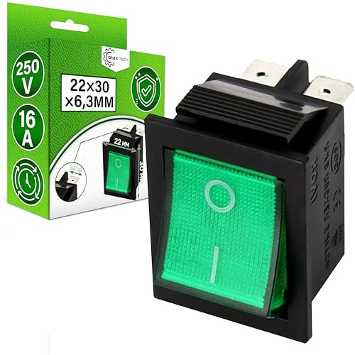 Interruttore Bipolare Luminoso Verde 16A 250V 22 x 30 mm 4 Faston 6,3 mm Corpo di Colore Nero - Garanzia di 5 Anni - ONIX TECH