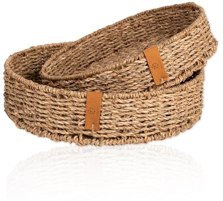 FRIHET rundes Tablett aus geflochtenem Seegras | leichtes Serviertablett mit stabilem Metalluntergestell im Boho Style | Scandi Deko | Obstschale klein und groß - auch im Set (28 + 32cm, 1, 2er Set)