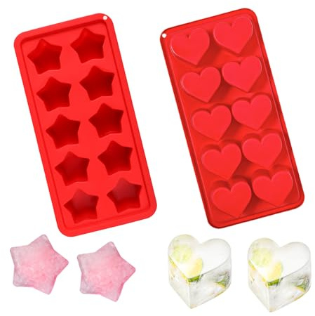 Bekecidi 2er-Pack Eiswürfelschalen Weiche Silikon-Eisformen Sternförmige herzförmige Eiswürfelformen Leicht zu entnehmende Eiswürfelschale für Whisky, Cocktails, Bier und Getränke (Rot)