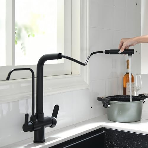 3 Wege Wasserhahn Küche Mit Brause, Küchenarmatur Ausziehbar, 360° Drehbar, Drei Wege Mischbatterie Für Wasserfilter (Schwarz)