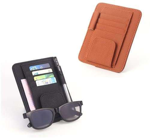 LERANXIN 2 Stück Auto Sonnenblende Organizer, Leder-Sonnenblendenhalter für Autos, 15x8cm Größe, Schwarz/Braun – ideal für Reisende, Geschäftsleute und Familien