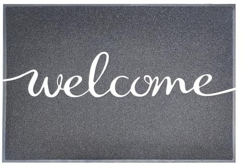 Floordirekt Welcome dörrmatta – smutssamlande matta, dörrmatta med tryck – dörrmatta, dörrmatta, dörrmatta inuti, vinyl spaghettimatta (välkommen – grå, 40 x 60 cm)