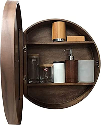 TWHZSAI Badezimmerspiegel mit LED-Beleuchtung, Schminkschrank, rund, aus Holz, zur Wandmontage, mit Smart-Touch-Schalter, komplett montiert, braun, 70 cm