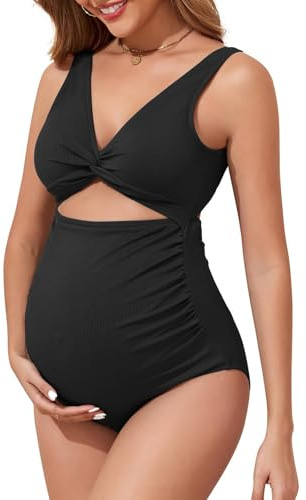 Century Star Maternity One Piece Swimsuits for Women - Ribbed Cutout High Waist Maternity Bathing Suits Tie Knot Pregnancy Swimwear 2026 Black XL