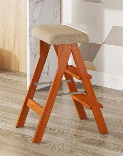 Moderno taburete plegable de madera con 3 escalones para cocina y hogar, acabado de madera de nogal claro con alfombrilla