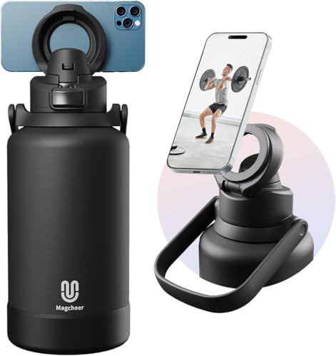 Magcheer Magnetisch Edelstahl Trinkflasche 2l Handy Halterung Multifunktionaler Wasserflasche Hält 48 Stunden kalt Auslaufsichere Flasche für Fitness und Outdoorsport(Schwarz)