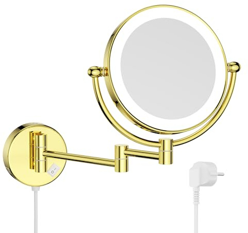 Nicesail Wand Kosmetikspiegel mit Beleuchtung 10x - 360° Ausziehbare Drehung - Dünner Rahmen - mit Stecker - Bohrloch-Montage - Vergrößerungsspiegel Bad,Rasierspiegel mit Vergrößerung,Hellgold,Φ 20cm