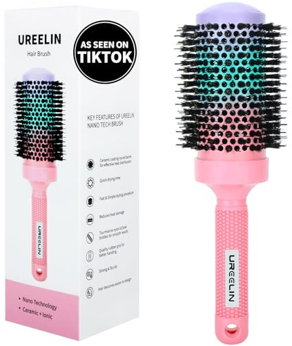 UREELIN Round Brush for Blow Out - 2.1 Inch Large Nano Thermal Ceramic & Ionic with Boar Bristles - Salon Blow Drying Hair Brush for Drying,Volumizing, Curling, Shine & Smooth Styling