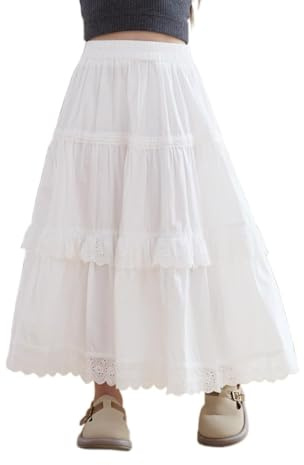 Citridarll Little Girls Midi Skirts Ruffle Tiered Hem Skirt with Lace Trim Elastic Waist Cotton Summer 150, 9-10 Years,White