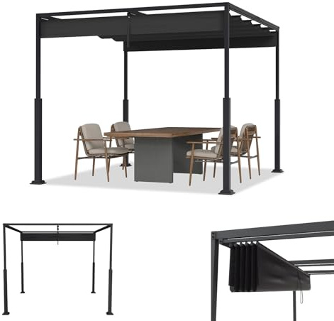 ACXIN Pergola med skjuttak, terrasstak av stålram, vattenavvisande 160 g PA-belagd polyester, fristående trädgårdspaviljong med justerbart solskydd (svart, 3 x 3 m)