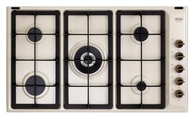 De'Longhi AVL 59 Pro - Placa de cocción a gas de 90 cm, 5 quemadores y 1 doble corona, acero esmaltado Avena, parrillas de hierro fundido, mandos de latón envejecido, diseño country