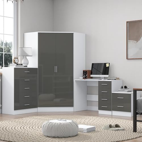 Reflect 2 Door Corner Wardrobe, 5 Drawer Tallboy Chest, 2 Drawer Bedside Table & Desk/Dressing Table | Grey Gloss & Matt White Finish | Modern Bedroom Furniture Set
