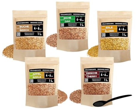 PINI Set di trucioli per affumicatura, 5 x 1 l, grana ottimale, 4 – 6 mm, in legno di quercia, ciliegia, mela, ontano