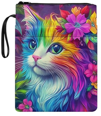 Poceacles Buchhülle mit Reißverschluss für Buchliebhaber, Schutzhülle für Notizbücher, Lesezubehör für Hardcover, Taschenbuch, 29 x 22 cm, farbenfrohes Katzen-Blumenmuster