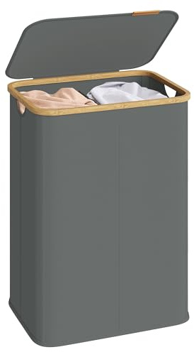 SONGMICS Cesto de Ropa con Tapa, Recogedor de Colada con 2 Compartimentos, Tejido de Oxford, Plegable, Marco de Bambú, Lavadero, Dormitorio y Salón, 140 L, 52 x 38,5 x 70,5 cm, Gris Pizarra LCB519GN01