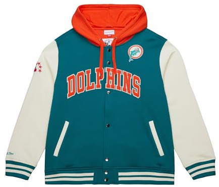 Mitchell & Ness Courtside Fleece NFL Vintage collegejacka med huva, färgkontrasterande ärmar, tryckknappslås, män, kvinnor, barn, unisex, vår, sommar, höst, vinter, miami delfiner, XXL