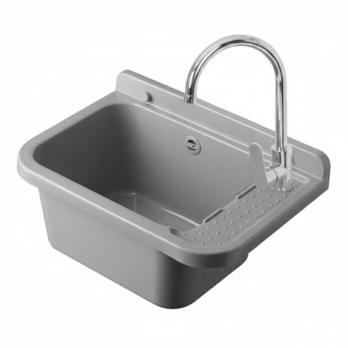 Set Pilozzo Sospeso 50x34 Cm Grigio Pietra - Vasca Lavatoio In Resina Resistente Agli Acidi Con Porta Sapone - INCLUDE Miscelatore Canna Alta Cromo In Acciaio INOX E Kit Scarico