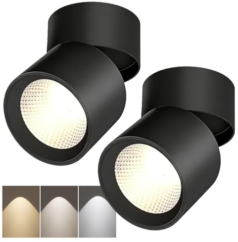 GOMETY 2 Stück LED Aufbauspot Schwenkbar, 360° Ø78x100mm LED Aufbauspot Flach, 7W Aufputz Spots 3-Farben Dimmbar 3000K/4000K/6000K, Deckenspot Schwarz Rund für Schlafzimmer Flur Balkon Badezimmer