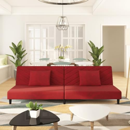 CKioict Schlafsofa 2-Sitzer mit 2 Kissen in Weinrot Samt, 2-in-1 Funktionssofa zum Ausziehen als Doppelbett, Bequemes Samtbezug Sofa mit Stabilen Holzrahmen für Wohnzimmer