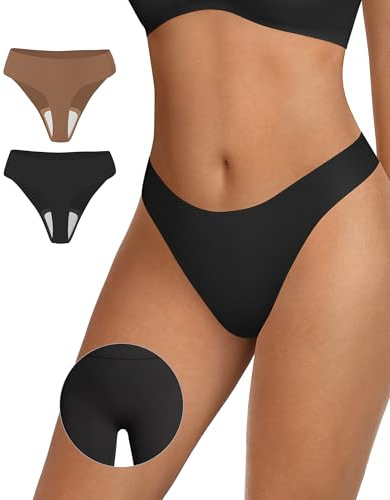 OEAK Seamless Thongs for Women Invisible Thongs No Show Thong Panty Liners Tangas Comfortable Workout G-Strings Underwear Black+Latte M