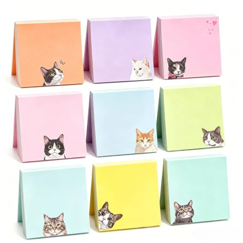 9 block kattklisterlappar färgade, 450 ark självhäftande lappar med 1 penna, Sticky Notes Cute, 76 x 76 mm, extra starkt självhäftande anteckningar för anteckningar, att göra-listor, minnen