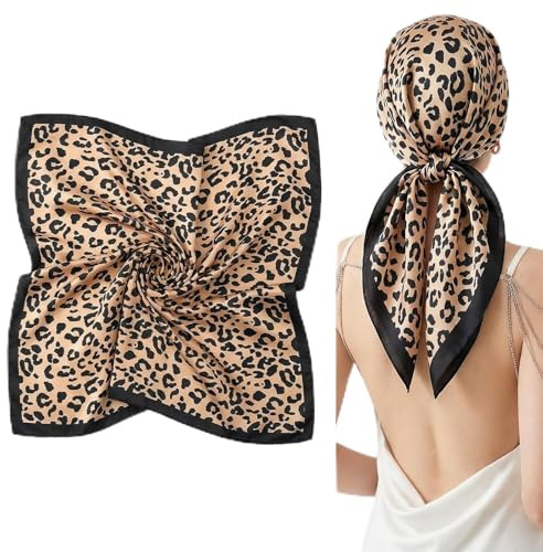 FDHBDF dam sidenscarf sidenscarf av lätt siden, elegant halsduk sidenscarf, bandana halsduk och huvudduk, mjuk handledstillbehör för kvinnor, leopardmönster 70 x 70 cm