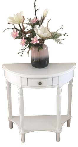EYUIOPLM Consolle in Legno Massello con Cassetto, Scaffale for Ingresso a Semicerchio, Tavolo da Portico a Mezzaluna Laterale Elegante Divano Vintage for L'atrio del Soggiorno(White,90x38x87.5cm)
