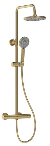 Bristan Buzz Thermostatic Diverter Bar Mixer Shower - Exposed Safe Touch Brushed Brass Shower Mixer with Round Fixed Shower Head, Hose, and Multi Spray Pattern Shower Head, BUZ SHXDIVCTFF BB
