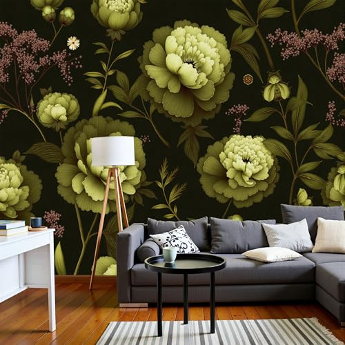 SMBHIAON 3D Papier Peint Motif Floral Vert Olive,Papier Peint Panoramique Imprimé Pivoine Et Lierre Pour Salon Chambre Chambre D'Enfant Décoration Murale (Vert,200×140 CM)