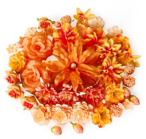 Prelisee 42 pezzi fiori artificiali,decorazione finto fiore in tessuto,13 specie 2-13 cm piccola testa di fiore rosa artificiale decorazione per fai da te,scrapbooking,torta nuziale,tavolo (Arancione)
