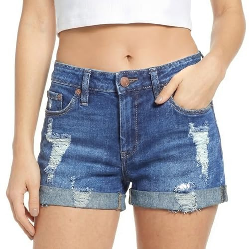 viiotu Short en Jean Femme Taille Moyenne Déchiré Destroy Extensible avec Poches Ourlet Rouloté Short Jean Femme été