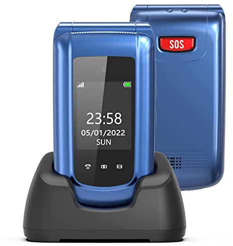 CHAKEYAKE Senior Mobile Phone, GSM Unlocked Flip Phone, Big Button Mobile Phones for Elderly with SOS Emergency Function, Flashlight, FM Radio, 2.4''Dual Display, Charging Dock, Blue