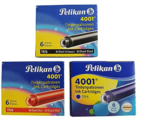 Pelikan Tinte 4001ÂTP/6ÂTintenpatronen für Füllfederhalter, 0,8Âml, 18ÂStück Black+Blue+Red