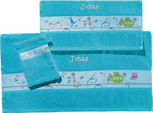 Erwin Müller Kinder-Handtuchset, Kinder-Frottierset 3-TLG. mit Namen Bestickt, Unterwasserwelt türkis Größe 70x110 cm + 50x70 cm + 15x21 cm - weich, saugstark - Handtuch, Badetuch, Waschhandschuh