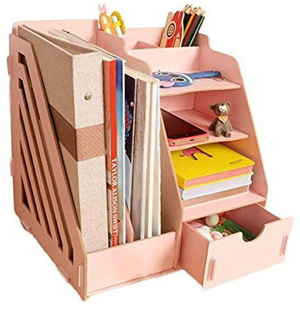 XBSLJ Zeitungsständer, Briefablage Holz Office Desktop Organizer Aktenhalter Schreibtisch Organizer Schubladenablagen Büromaterial 4 Tier 6 Fächer Pink