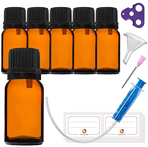 HandsUnity 5ml-6Stk Tropfereinsatzflasche kleine Bernsteinglasflasche - Apothekerglas mit schwarzem Tropfereinsatz Verschluss aus Braunglas Set Inklusive 18 Hilfsmittel