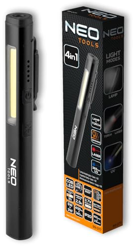 NEO TOOLS Inspektionslampe 450 lm COB LED + Laser + UV | + 4 in 1 Taschenlampe, 365 nm UV-Ultraviolettlampe, 3,7 V 800 mAh Lithium-Ionen-Akku, Ladezeit 3 Stunden