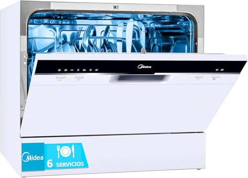 Midea Lavavajillas Pequeño Blanco 55 cm para 6 servicios - Lavavajilla Compacto y Portatil sin Instalación - Lavaplatos con Programa Eco Ahorro, Filtro Antibacterias y Programación Horaria
