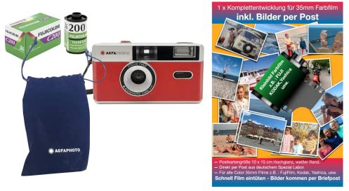 AgfaPhoto analoge 35mm Kleinbildfilm Foto Kamera rot + Farb Bilder Film + Batterie + KOMPLETTENTWICKLUNG FILM + BILDER