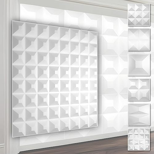 HEXIM 3D Wandpaneele, PVC Kunststoff weiß - Pyramiden Design Paneele 50x50cm Wandverkleidung (5QM HD005) Vertäfelung streichen modern