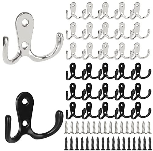 GOYADA 40 Pack Double Prong Coat Hooks Wall Mounted, Heavy Duty Coat Hooks with Screws for Wall Door, Anti-Rust Double Coat Hanger Hooks for Coat, Scarf, Bag, Towel, Cap, Cup, Hat (Black & Sliver)