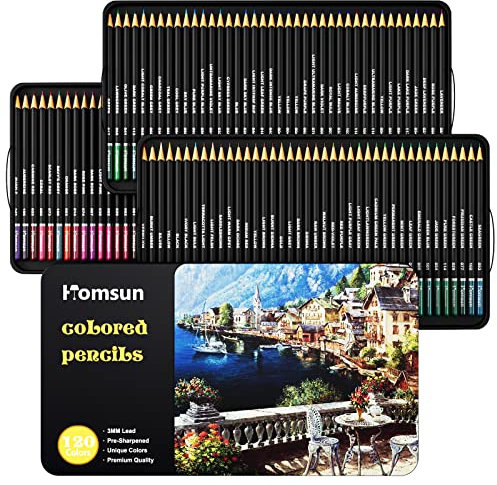 Homsun120 Buntstifte Set mit Weichem Kern, Farbstifte Set im Metalletui, Aquarellstifte Set für Erwachsene und Künstler zum Skizzieren, Schattieren und Kritzeln